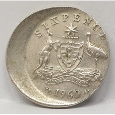 AUSTRALIA 1960 . SIXPENCE . MULTIPLE ERRORS . FLAN FLAW AND DELAMINATING ON OBVERSE